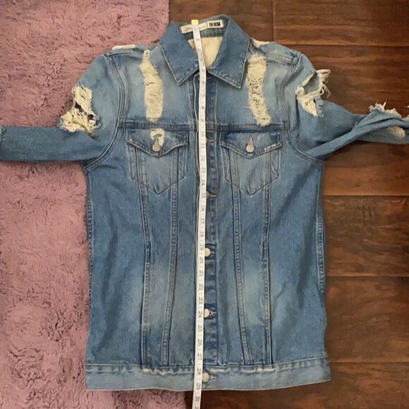 Lovers + Friends Factory Extensive Distressed Ripped Blue Denim Jacket Modern - Picture 16 of 16